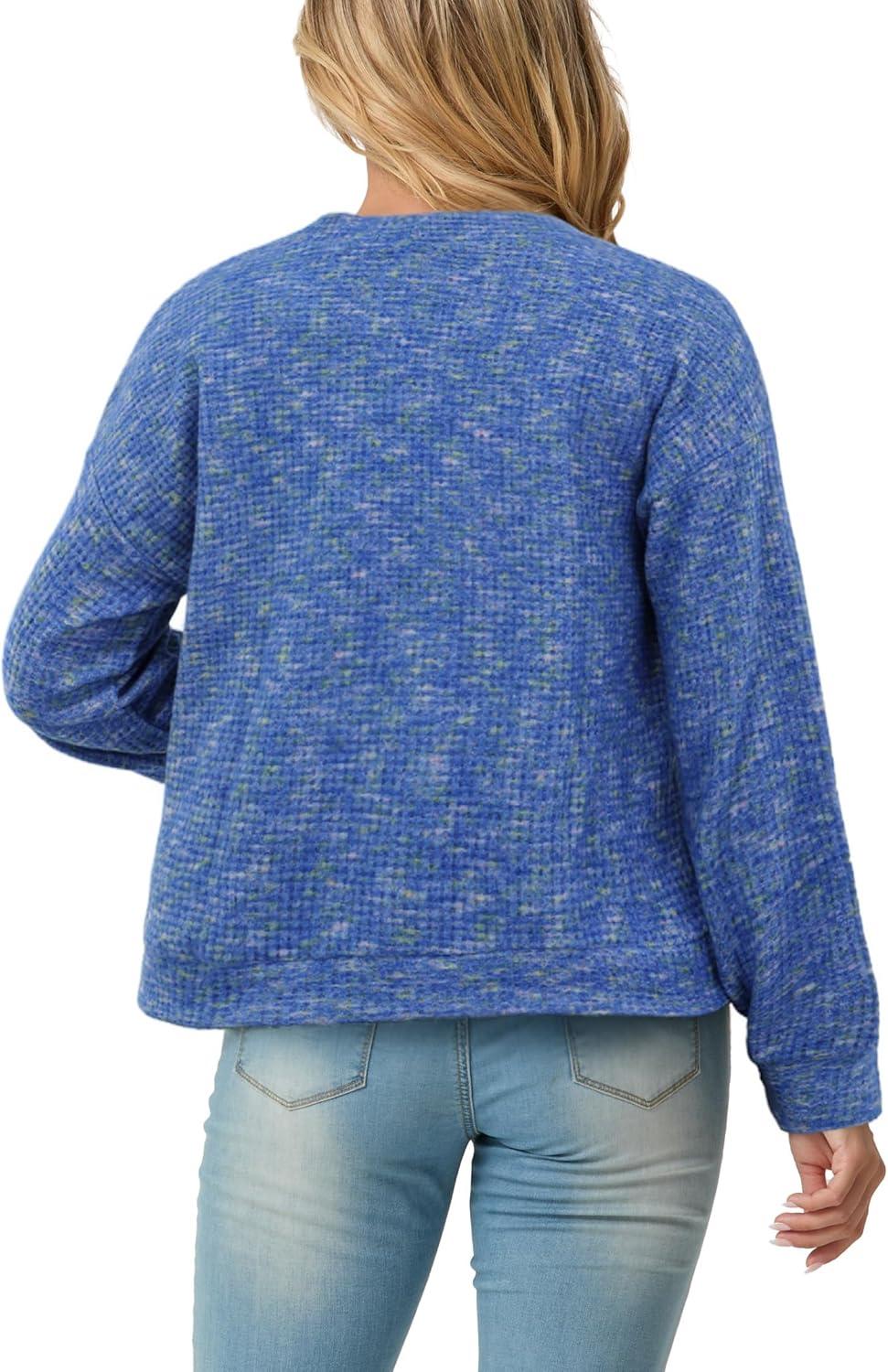 imageIWOLLENCE Womens Lightweight Cropped Cardigan V Neck Long Sleeve Waffle Knitted Button Up Sweater Tops TrendyBpastel Royal Blue