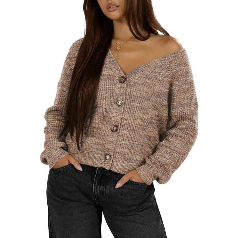 imageIWOLLENCE Womens Lightweight Cropped Cardigan V Neck Long Sleeve Waffle Knitted Button Up Sweater Tops TrendyBpastel Khaki