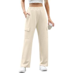 imageIWOLLENCE Womens Cargo Sweatpants Baggy Wide Straight Leg Sweats Pants with PocketsE02 Apricot