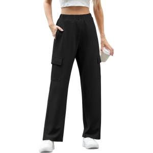 imageIWOLLENCE Womens Cargo Sweatpants Baggy Wide Straight Leg Sweats Pants with PocketsE02 Black
