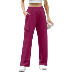 imageIWOLLENCE Womens Cargo Sweatpants Baggy Wide Straight Leg Sweats Pants with PocketsE02 Dragon Fruit Red