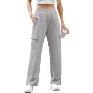 imageIWOLLENCE Womens Cargo Sweatpants Baggy Wide Straight Leg Sweats Pants with PocketsE02 Gray