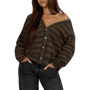 imageIWOLLENCE Womens Lightweight Cropped Cardigan V Neck Long Sleeve Waffle Knitted Button Up Sweater Tops TrendyAgrey Coffee