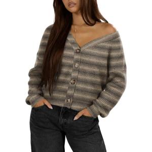 imageIWOLLENCE Womens Lightweight Cropped Cardigan V Neck Long Sleeve Waffle Knitted Button Up Sweater Tops TrendyAgrey Khaki