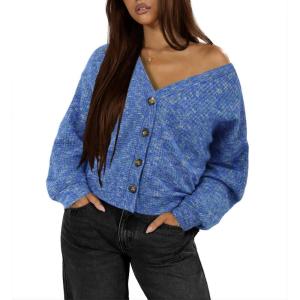 imageIWOLLENCE Womens Lightweight Cropped Cardigan V Neck Long Sleeve Waffle Knitted Button Up Sweater Tops TrendyBpastel Royal Blue
