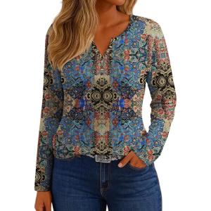 imageIWOLLENCE Womens Long Sleeve Aztec Western T Shirts Vintage Geometry Graphic Henley Tops Casual Button Down BlouseFpblue Paisley