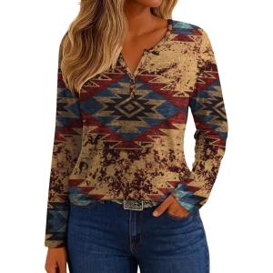imageIWOLLENCE Womens Long Sleeve Aztec Western T Shirts Vintage Geometry Graphic Henley Tops Casual Button Down BlouseFpbrown Red Blue Geom