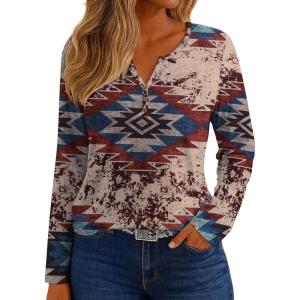 imageIWOLLENCE Womens Long Sleeve Aztec Western T Shirts Vintage Geometry Graphic Henley Tops Casual Button Down BlouseFpred Blue Geometry