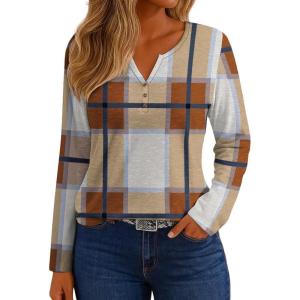 imageIWOLLENCE Womens Long Sleeve Aztec Western T Shirts Vintage Geometry Graphic Henley Tops Casual Button Down BlousePlbrown White Plaid