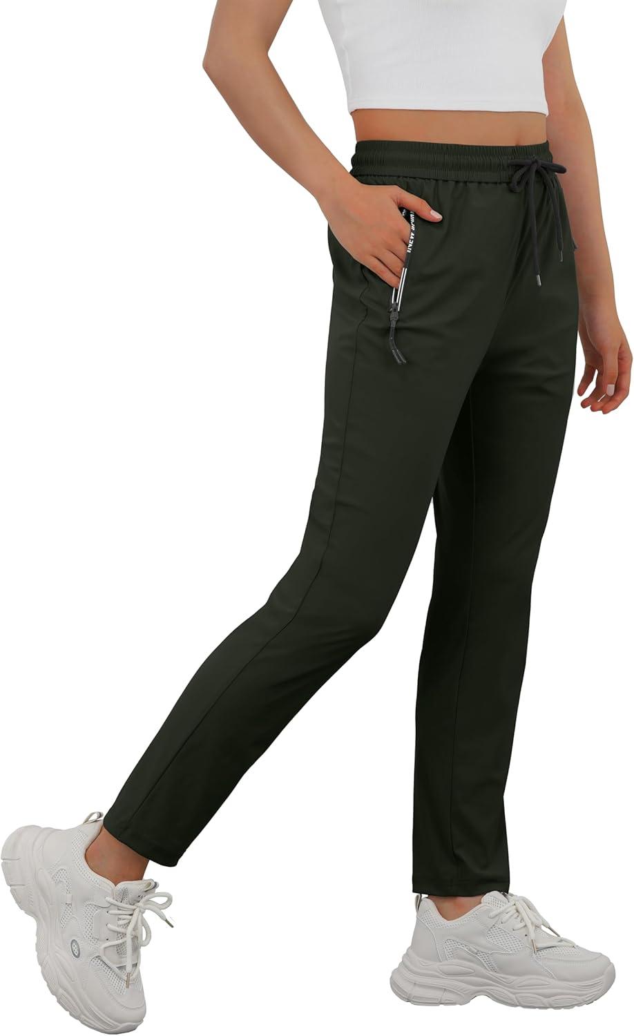 imageIWOLLENCE Womens Active Stretch Pants Quick Dry Breathable Athletic Comfy Fit Hiking Pant with Zipper PocketsCarmy Green