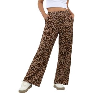 imageIWOLLENCE Womens Casual Loose Checkered Wide Leg Pants High Waist Straight Lounge Y2K Gingham Trousers SummerLdkhaki Brown Leopard