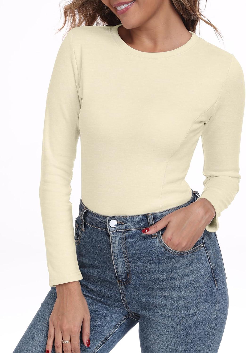 imageIWOLLENCE Womens Long Sleeve Thermal Shirts Crewneck Fleece Undershirt Plain Base Layer Tops Cold Weather UnderwearCbeige