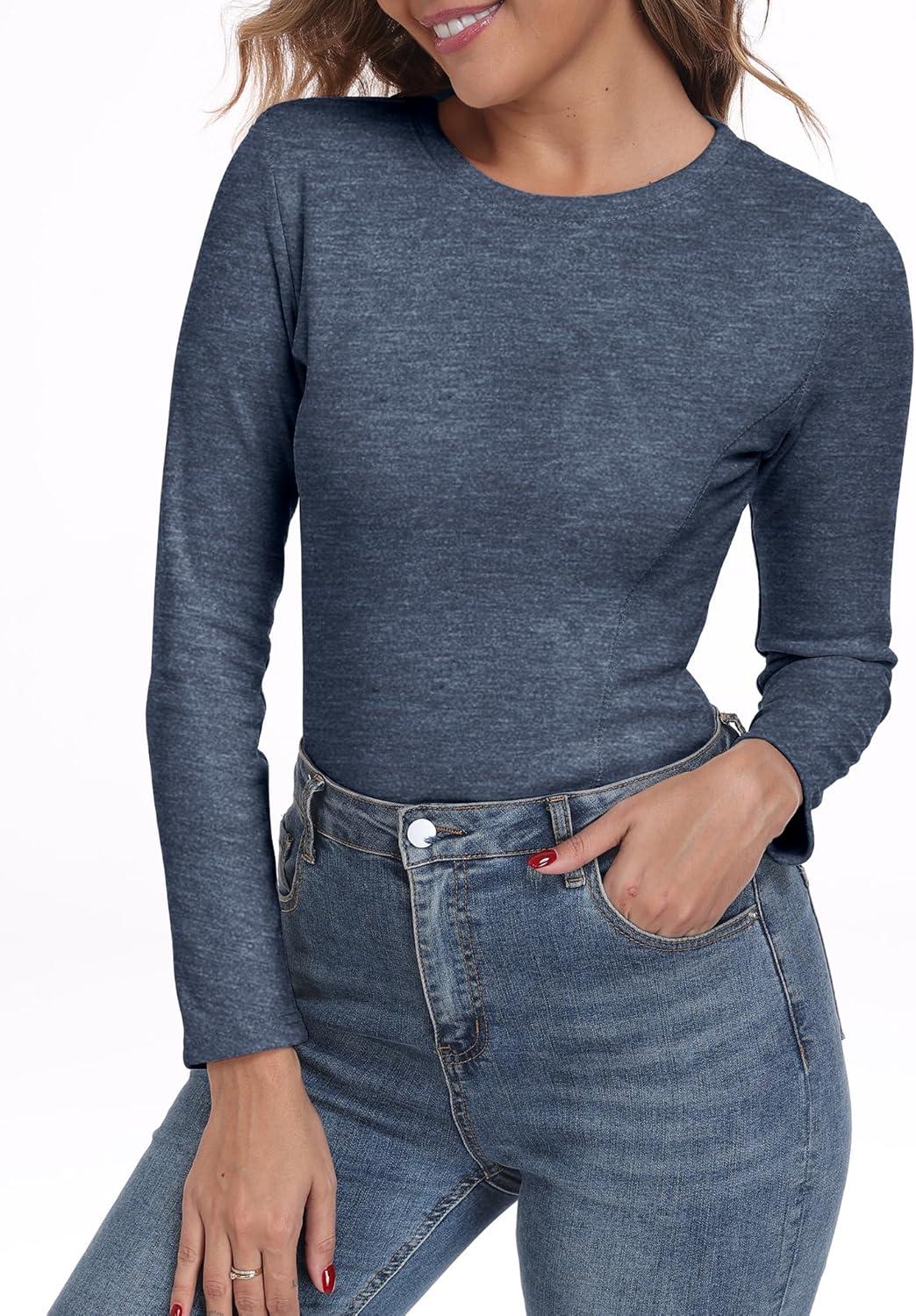 imageIWOLLENCE Womens Long Sleeve Thermal Shirts Crewneck Fleece Undershirt Plain Base Layer Tops Cold Weather UnderwearCblue