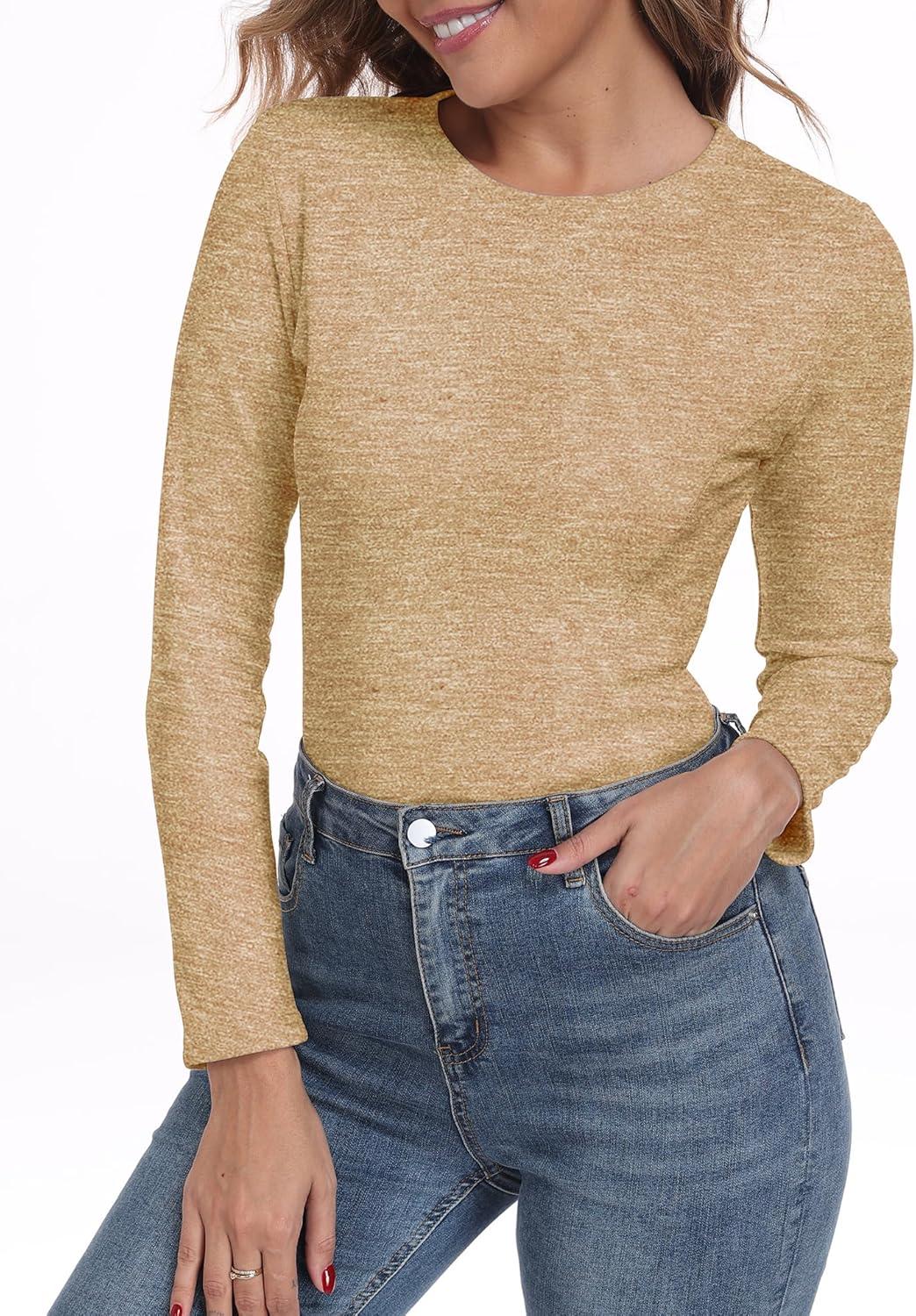 imageIWOLLENCE Womens Long Sleeve Thermal Shirts Crewneck Fleece Undershirt Plain Base Layer Tops Cold Weather UnderwearCkhaki