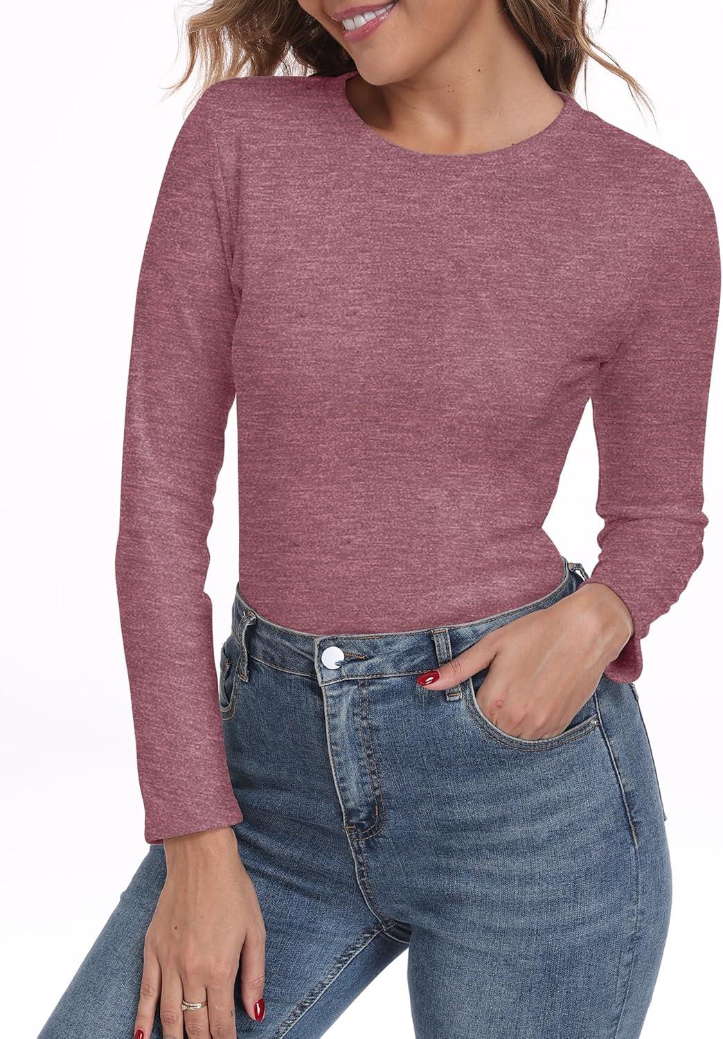 imageIWOLLENCE Womens Long Sleeve Thermal Shirts Crewneck Fleece Undershirt Plain Base Layer Tops Cold Weather UnderwearCrust Red