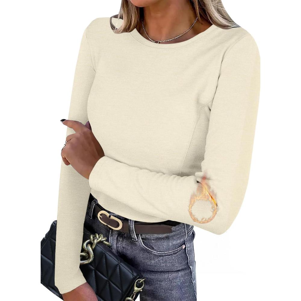 imageIWOLLENCE Womens Long Sleeve Thermal Shirts Crewneck Fleece Undershirt Plain Base Layer Tops Cold Weather UnderwearCbeige