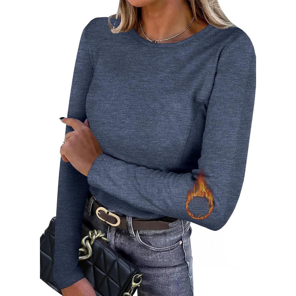 imageIWOLLENCE Womens Long Sleeve Thermal Shirts Crewneck Fleece Undershirt Plain Base Layer Tops Cold Weather UnderwearCblue