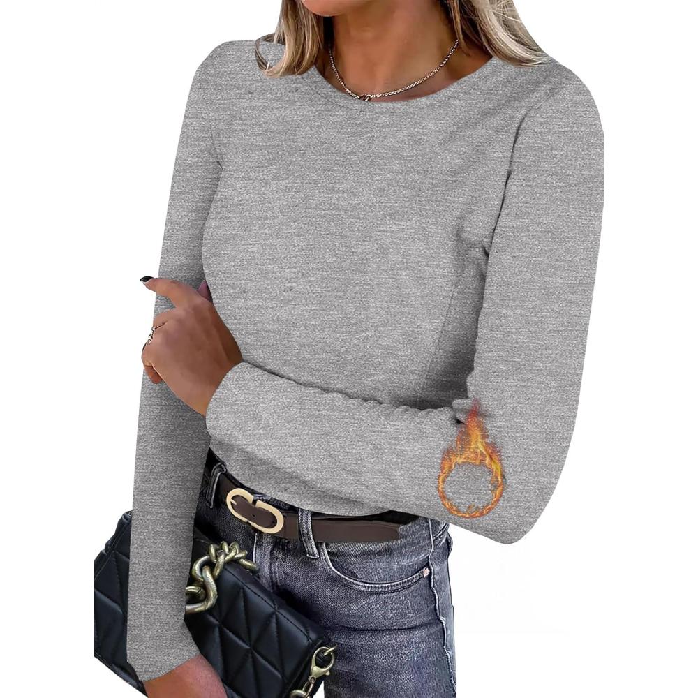 imageIWOLLENCE Womens Long Sleeve Thermal Shirts Crewneck Fleece Undershirt Plain Base Layer Tops Cold Weather UnderwearCgray
