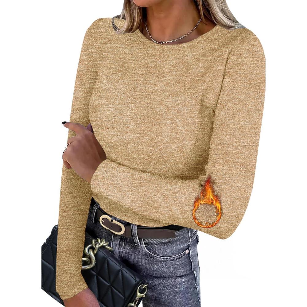 imageIWOLLENCE Womens Long Sleeve Thermal Shirts Crewneck Fleece Undershirt Plain Base Layer Tops Cold Weather UnderwearCkhaki
