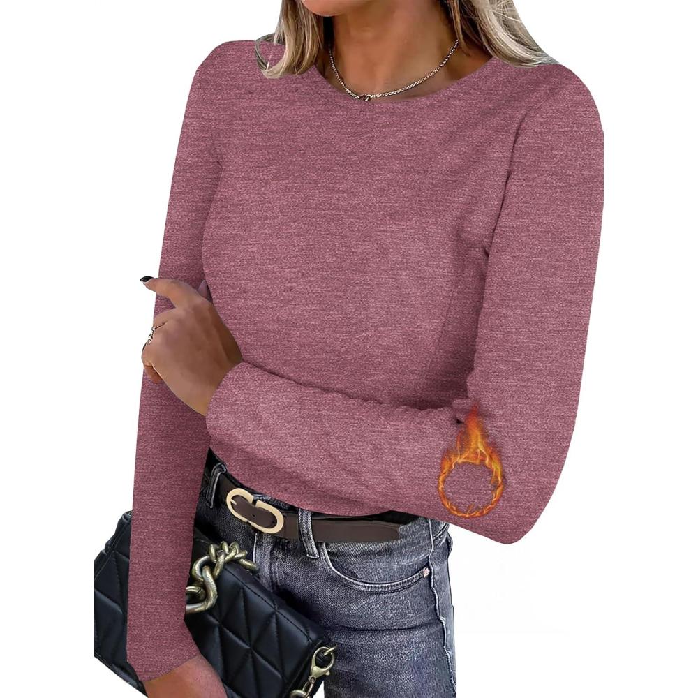 imageIWOLLENCE Womens Long Sleeve Thermal Shirts Crewneck Fleece Undershirt Plain Base Layer Tops Cold Weather UnderwearCrust Red