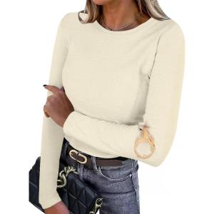 imageIWOLLENCE Womens Long Sleeve Thermal Shirts Crewneck Fleece Undershirt Plain Base Layer Tops Cold Weather UnderwearCbeige