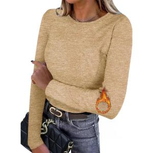 imageIWOLLENCE Womens Long Sleeve Thermal Shirts Crewneck Fleece Undershirt Plain Base Layer Tops Cold Weather UnderwearCkhaki