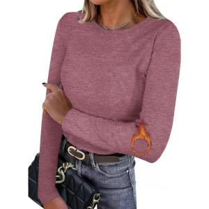 imageIWOLLENCE Womens Long Sleeve Thermal Shirts Crewneck Fleece Undershirt Plain Base Layer Tops Cold Weather UnderwearCrust Red