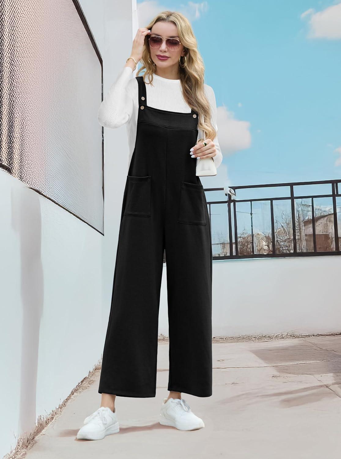 imageIWOLLENCE Jumpsuits For Women Boho Overalls Casual Long Bib Loose Womens Rompers with Pockets 20251 Black