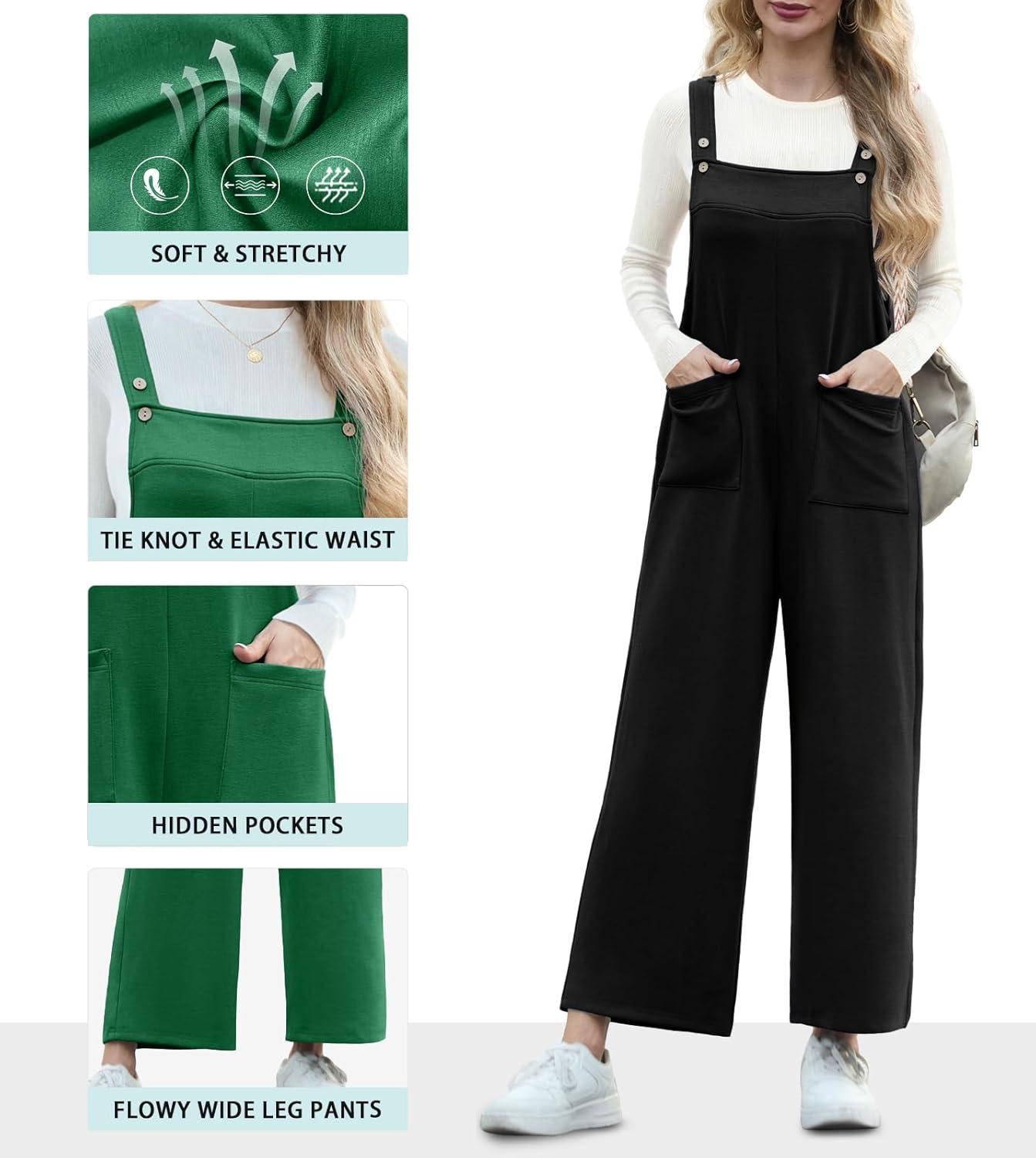 imageIWOLLENCE Jumpsuits For Women Boho Overalls Casual Long Bib Loose Womens Rompers with Pockets 20251 Black