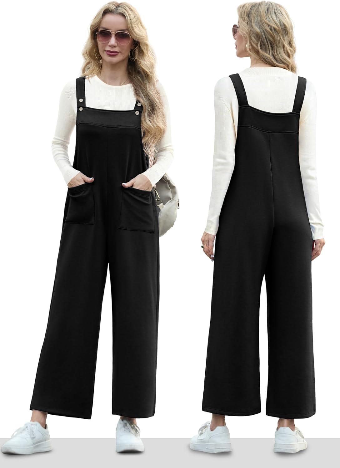 imageIWOLLENCE Jumpsuits For Women Boho Overalls Casual Long Bib Loose Womens Rompers with Pockets 20251 Black