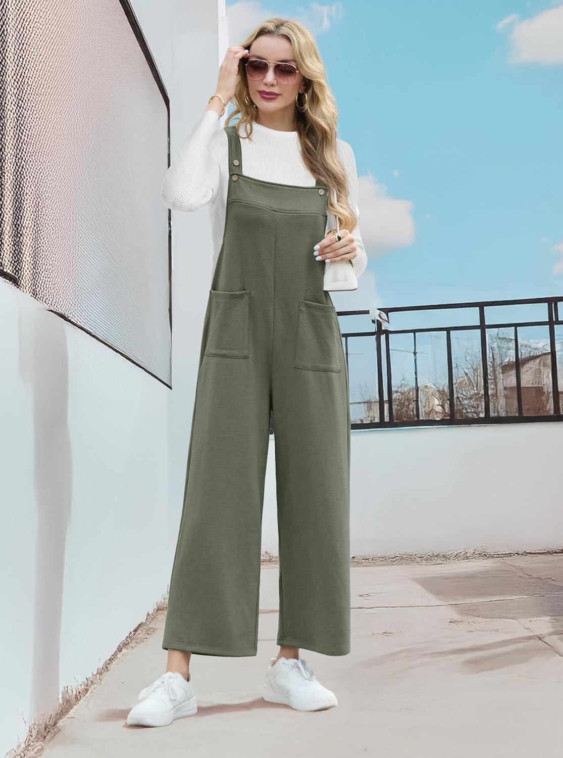 imageIWOLLENCE Jumpsuits For Women Boho Overalls Casual Long Bib Loose Womens Rompers with Pockets 20252 Army Green