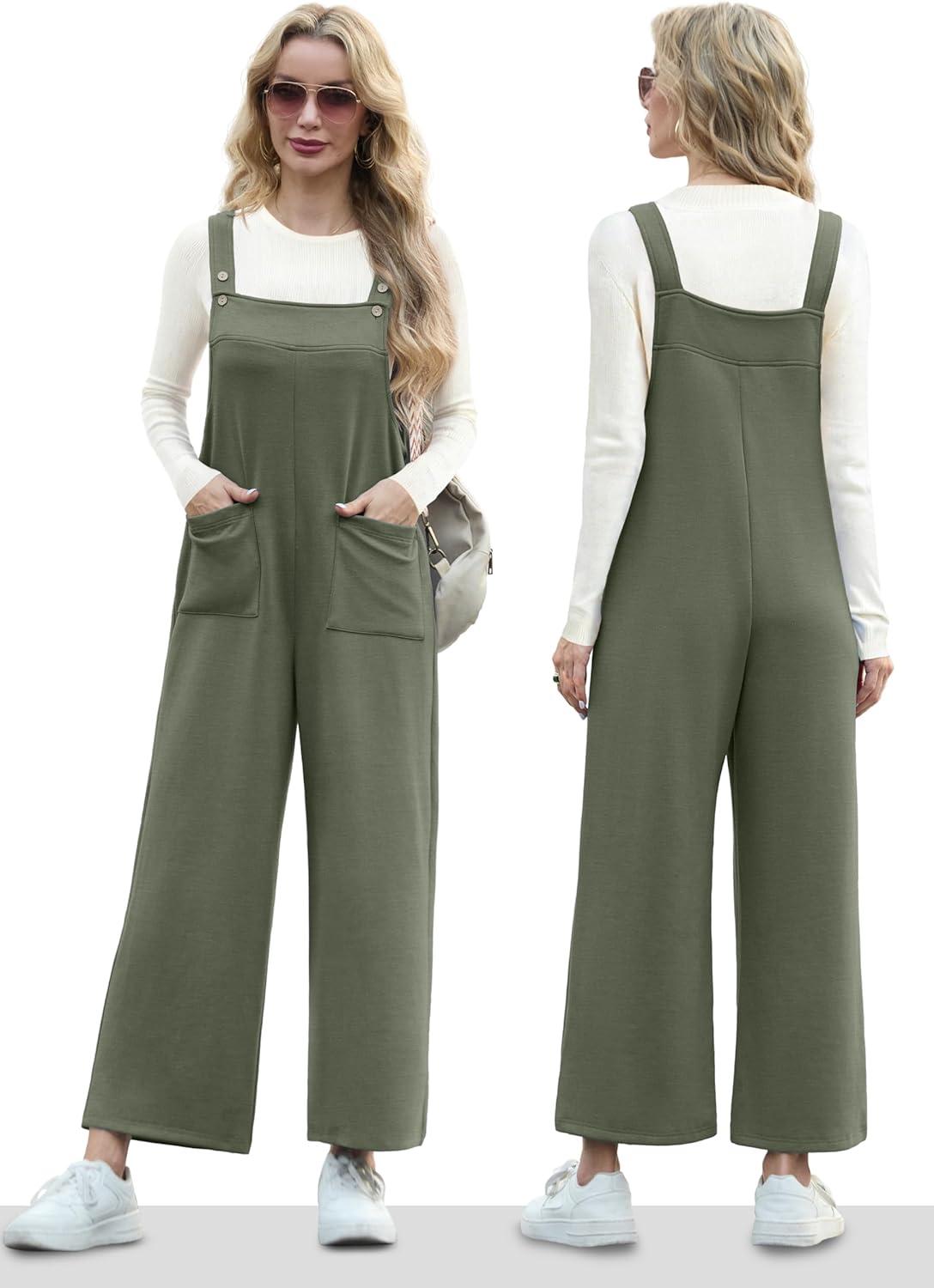 imageIWOLLENCE Jumpsuits For Women Boho Overalls Casual Long Bib Loose Womens Rompers with Pockets 20252 Army Green