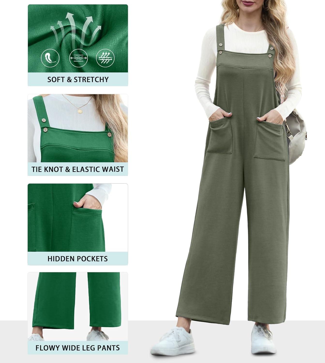 imageIWOLLENCE Jumpsuits For Women Boho Overalls Casual Long Bib Loose Womens Rompers with Pockets 20252 Army Green