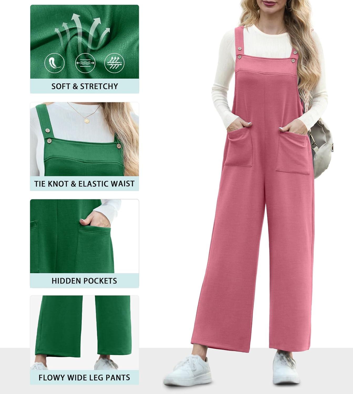 imageIWOLLENCE Jumpsuits For Women Boho Overalls Casual Long Bib Loose Womens Rompers with Pockets 20253 Pink