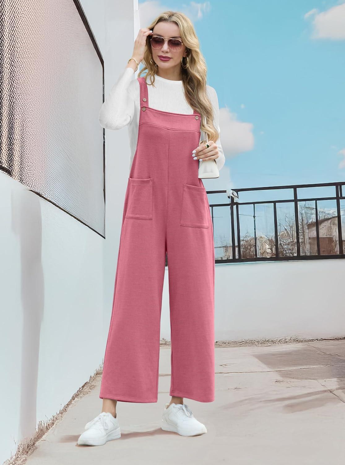 imageIWOLLENCE Jumpsuits For Women Boho Overalls Casual Long Bib Loose Womens Rompers with Pockets 20253 Pink