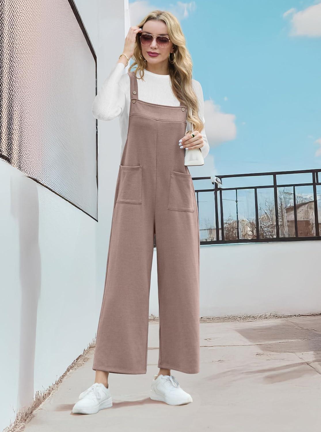 imageIWOLLENCE Jumpsuits For Women Boho Overalls Casual Long Bib Loose Womens Rompers with Pockets 20256 Dark Gray