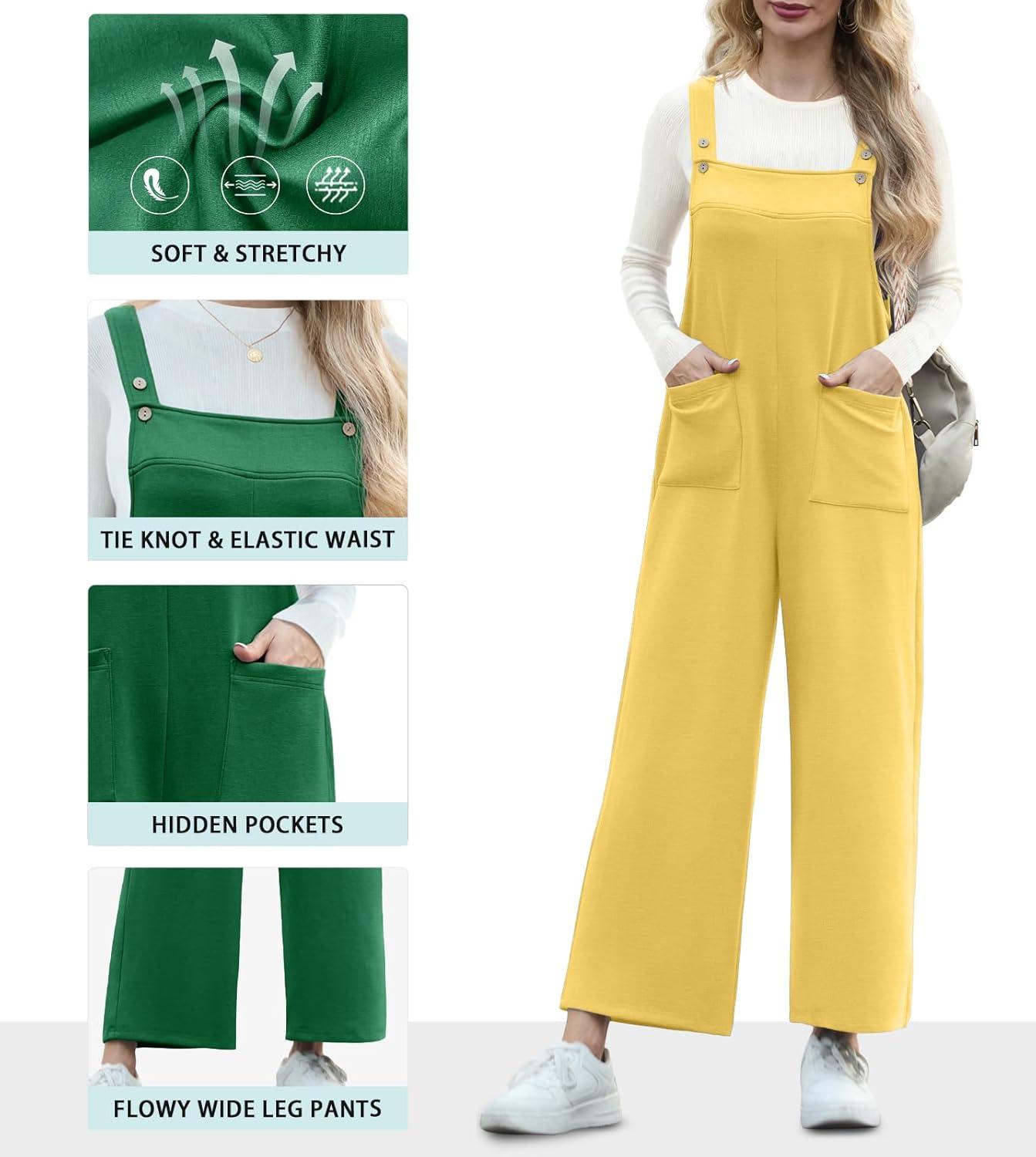 imageIWOLLENCE Jumpsuits For Women Boho Overalls Casual Long Bib Loose Womens Rompers with Pockets 20257 Yellow