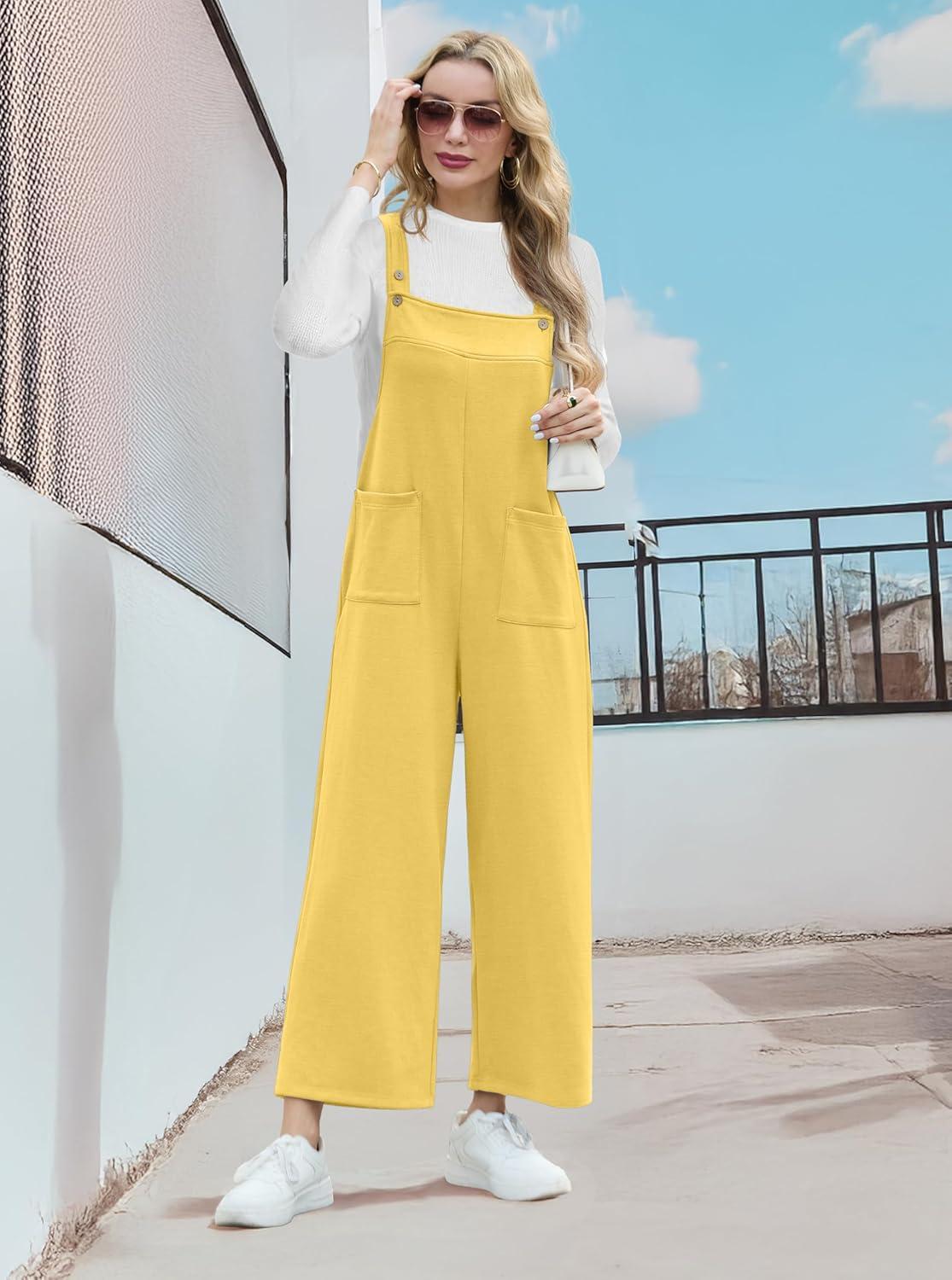 imageIWOLLENCE Jumpsuits For Women Boho Overalls Casual Long Bib Loose Womens Rompers with Pockets 20257 Yellow