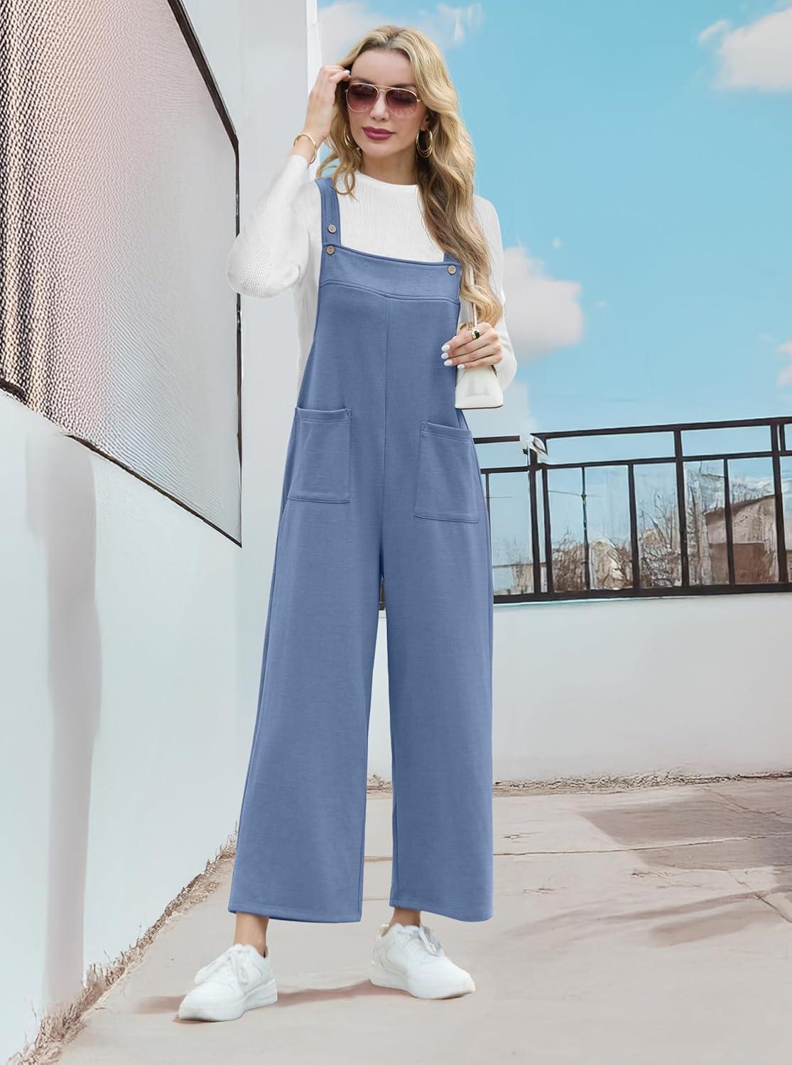 imageIWOLLENCE Jumpsuits For Women Boho Overalls Casual Long Bib Loose Womens Rompers with Pockets 20258 Blue Gray