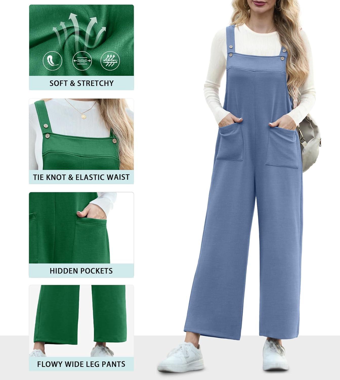 imageIWOLLENCE Jumpsuits For Women Boho Overalls Casual Long Bib Loose Womens Rompers with Pockets 20258 Blue Gray