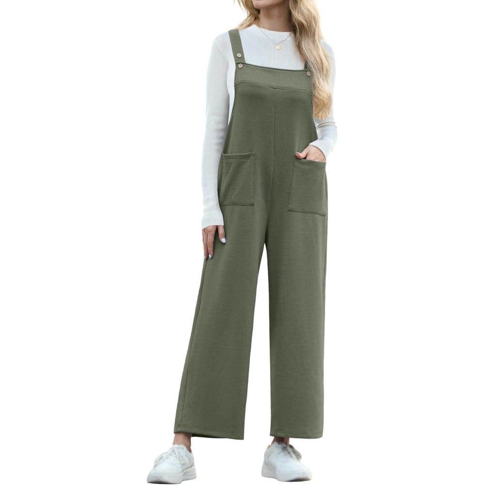 imageIWOLLENCE Jumpsuits For Women Boho Overalls Casual Long Bib Loose Womens Rompers with Pockets 20252 Army Green