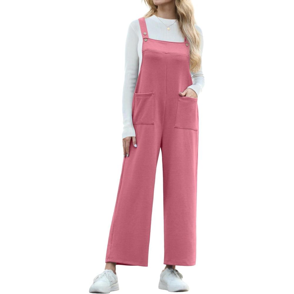 imageIWOLLENCE Jumpsuits For Women Boho Overalls Casual Long Bib Loose Womens Rompers with Pockets 20253 Pink