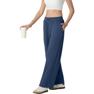 imageIWOLLENCE Womens Wide Leg Sweatpants Mid Rise Adjustable Drawstring Baggy Sweat Pants with PocketsNavy Blue