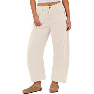 imageIWOLLENCE Womens Corduroy Barrel Pants MidRise Elastic Waist Casual Cord Wide Legs Baggy Pant with PocketsCbeige