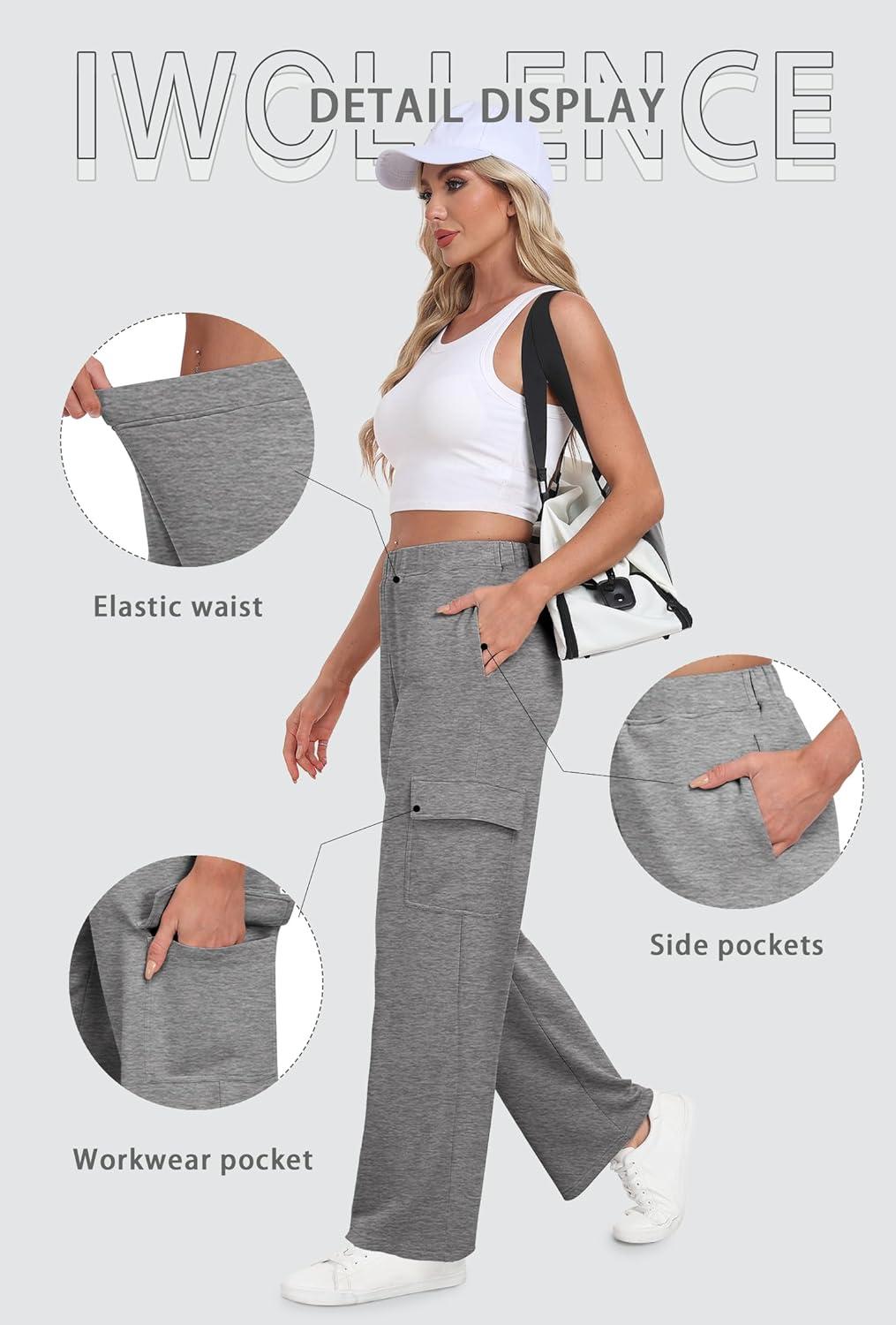 imageIWOLLENCE Womens Cargo Sweatpants Baggy Wide Straight Leg Sweats Pants with PocketsE02 Dark Gray