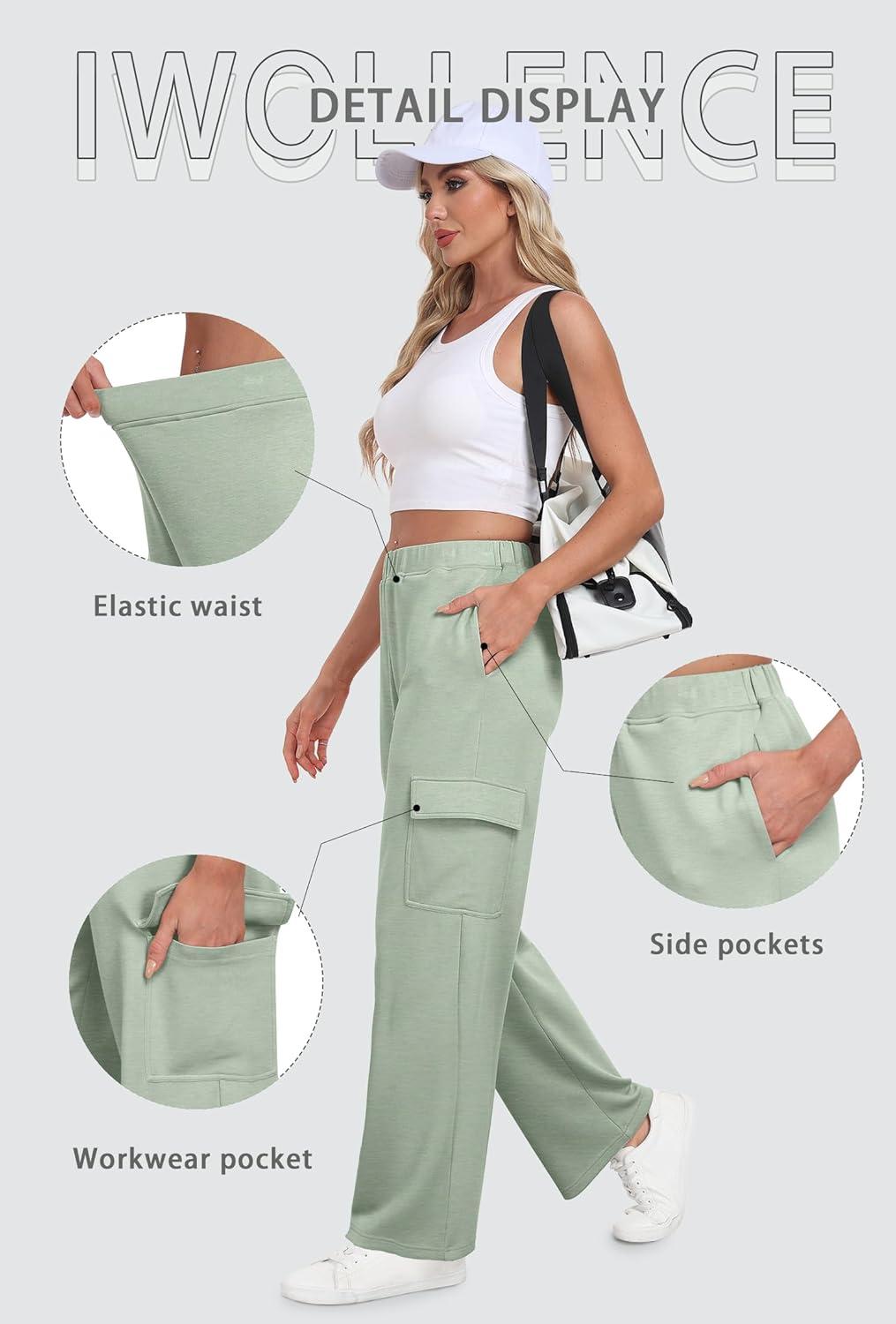 imageIWOLLENCE Womens Cargo Sweatpants Baggy Wide Straight Leg Sweats Pants with PocketsE02 Mint Green