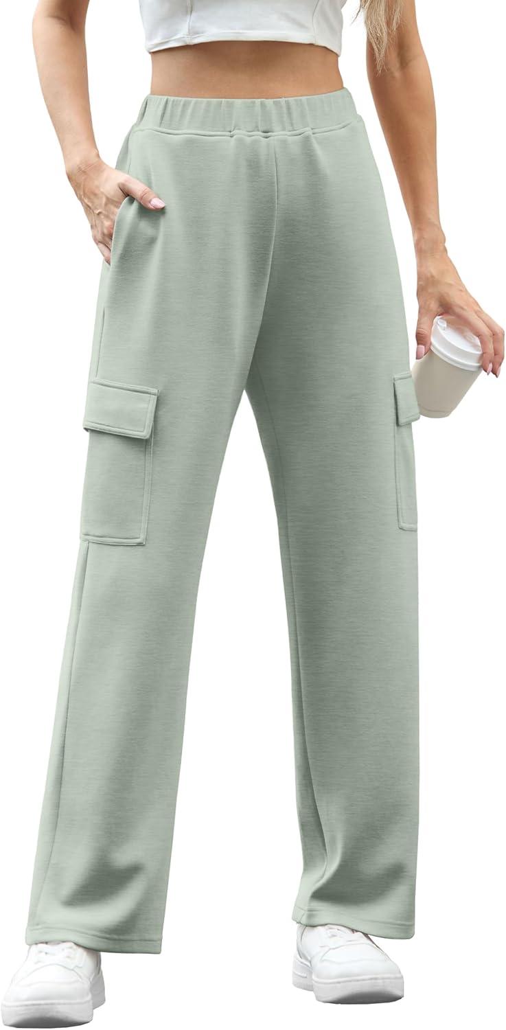 imageIWOLLENCE Womens Cargo Sweatpants Baggy Wide Straight Leg Sweats Pants with PocketsE02 Mint Green