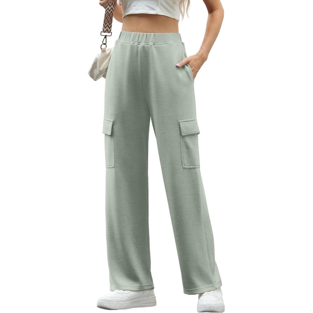imageIWOLLENCE Womens Cargo Sweatpants Baggy Wide Straight Leg Sweats Pants with PocketsE02 Mint Green