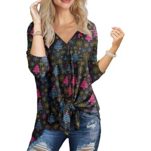 imageIWOLLENCE Womens Waffle Knit Tunic Blouse Tie Knot Henley Tops Loose Fitting Bat Wing Plain ShirtsBlack Xmas Tree