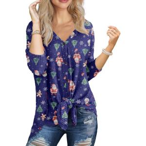 imageIWOLLENCE Womens Waffle Knit Tunic Blouse Tie Knot Henley Tops Loose Fitting Bat Wing Plain ShirtsZ03blue Santa Claus